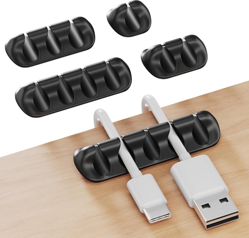 GLUIT Adhesive Desktop Cable Organizer 15 Slots Versatile Cord Holders Wire Clips and Cable Holder Cord Organizer for Desk Table Accessories Office Spaces New Black 5 Pack - Image 1